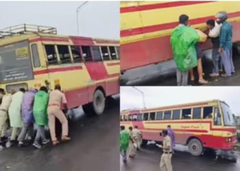 തള്ള് തള്ള്….’; വഴിയിലായി കെഎസ്ആർടിസി ബസ്; ദേശീയ പാതയിൽ ഗതാഗത തടസ്സമുണ്ടായത് രണ്ട് മണിക്കൂറോളം