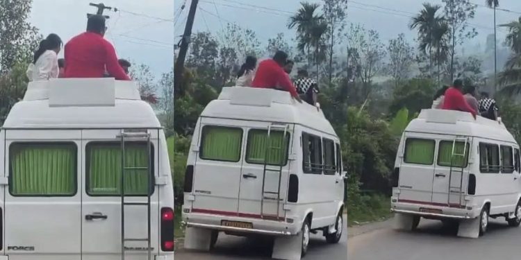 ട്രാവലറിൻ്റെ മുകളിൽ ഇരുന്ന് വിനോദസഞ്ചാരികളുടെ അപകടകരമായ യാത്ര