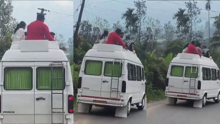 ട്രാവലറിൻ്റെ മുകളിൽ ഇരുന്ന് വിനോദസഞ്ചാരികളുടെ അപകടകരമായ യാത്ര