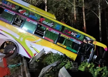 കുഴിയിലേക്ക് വീണു, വീണില്ല…!; ശബരിമല തീർഥാടക വാഹനം കൊടുംവളവിൽ അപകടത്തിൽപ്പെട്ടു