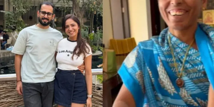 റോസാപ്പൂവും ചോക്ലേറ്റും സമ്മാനിച്ച് വീട്ടുജോലിക്കാരി, കാൽതൊട്ട് അനുഗ്രഹം വാങ്ങി ദമ്പതിമാർ