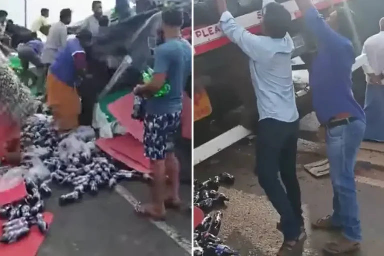 മദ്യമാണെന്ന് തെറ്റിദ്ധരിച്ചു; മറിഞ്ഞ ലോറിയിൽനിന്ന് ശീതളപാനീയ കുപ്പികൾ വാരിക്കൂട്ടി നാട്ടുകാർ