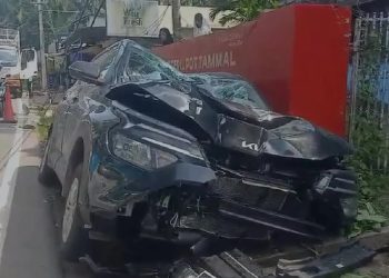 നായ കുറുകെചാടി, ബ്രേക്കിട്ട കാർ ഓടയിലേക്ക് മറിഞ്ഞ് അപകടം; യാത്രക്കാർ രക്ഷപ്പെട്ടത് തലനാരിഴയ്ക്ക്