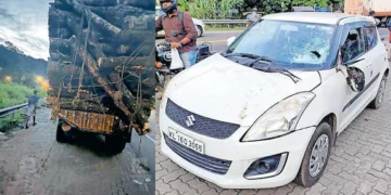 ലോറിയിൽ അമിത ലോഡ്; കയർപൊട്ടി കാറിനുമേൽ തടി വീണു: 32000 രൂപ പിഴ ചുമത്തി മോട്ടർ വാഹന വകുപ്പ്