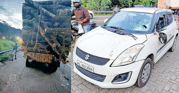 ലോറിയിൽ അമിത ലോഡ്; കയർപൊട്ടി കാറിനുമേൽ തടി വീണു: 32000 രൂപ പിഴ ചുമത്തി മോട്ടർ വാഹന വകുപ്പ്